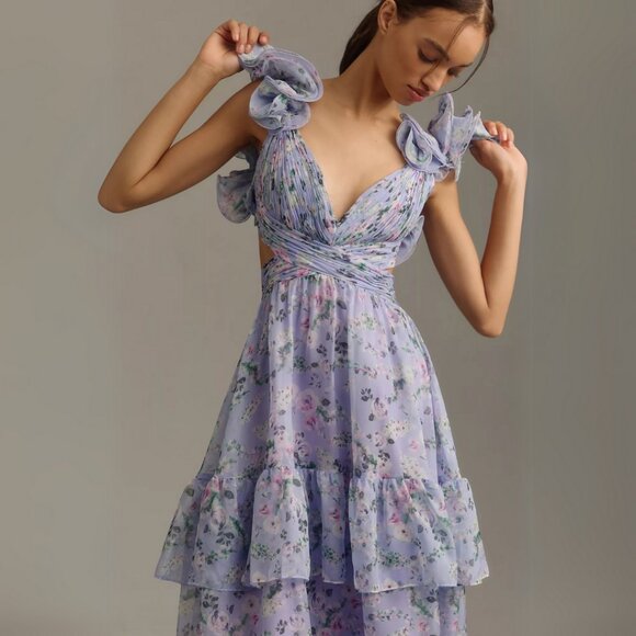 Mac Duggal 56049 Size 6 Light Purple Floral Tiered Ruffle Shoulder Midi Dress - Picture 4 of 9